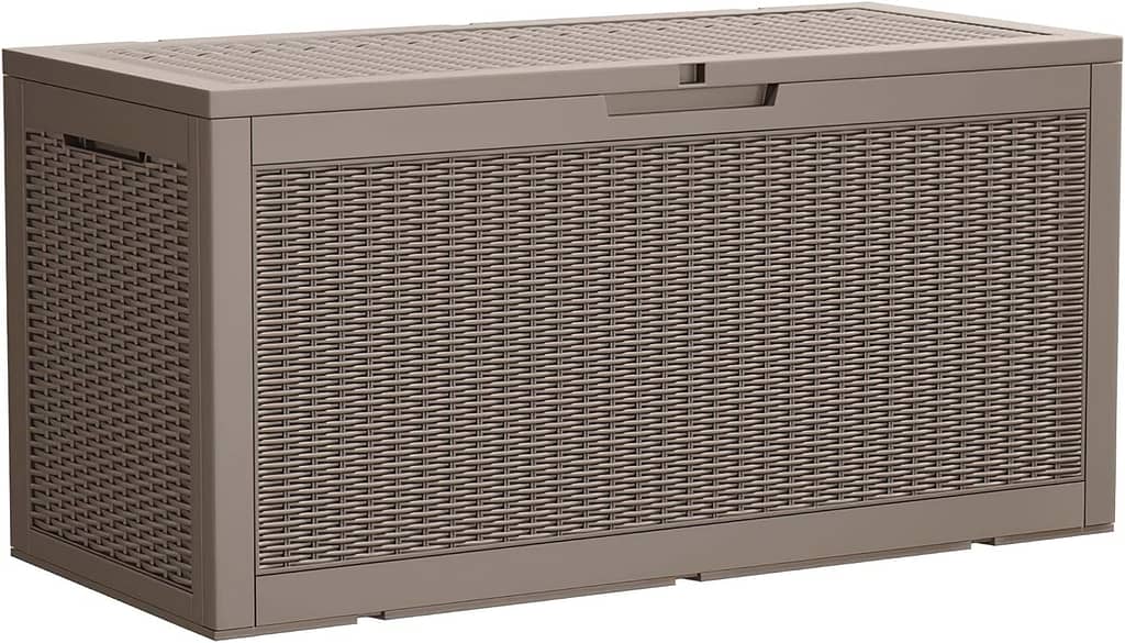 Devoko 100 Gallon Waterproof Large Resin Deck Box Indoor Outdoor Lockable Storage Container for Patio Furniture Cushions, Toys and Garden Tools (100 Gallon, Light Brown)