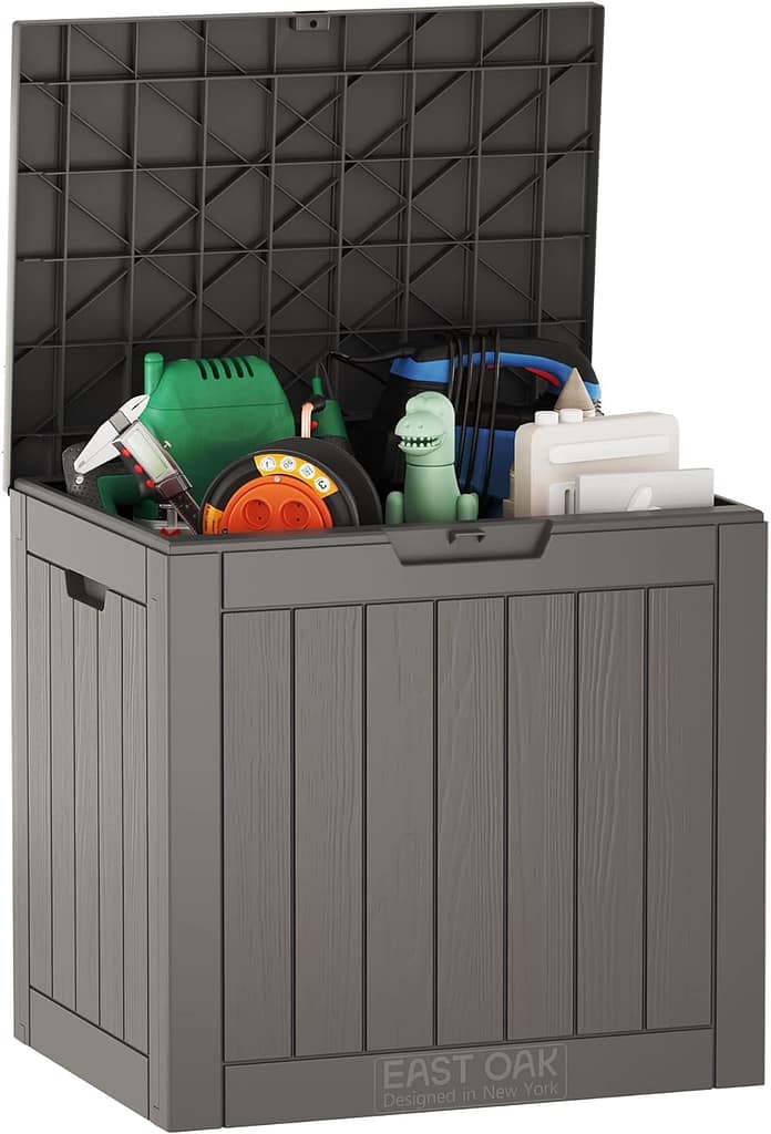EAST OAK Deck Box, 31 Gallon Indoor and Outdoor Storage Box with Padlock for Patio Cushions, Outdoor Toys, Gardening Tools, Sports Equipment, Waterproof and UV Resistant Resin, Grey